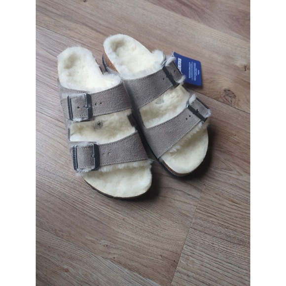 Birkenstock Arizona Stone Grey Fur Shearling Suede Sandals - Picture 10 of 14